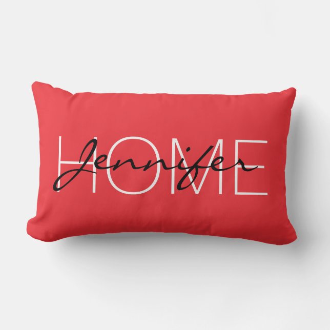 Deep carmine pink colour home monogram lumbar cushion (Front)