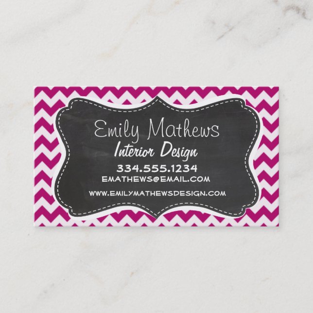 Deep Cerise Chevron; Retro Chalkboard look Business Card (Front)