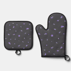 Deep Charcoal Balloon Flower Floral Pattern Oven Mitt & Pot Holder Set