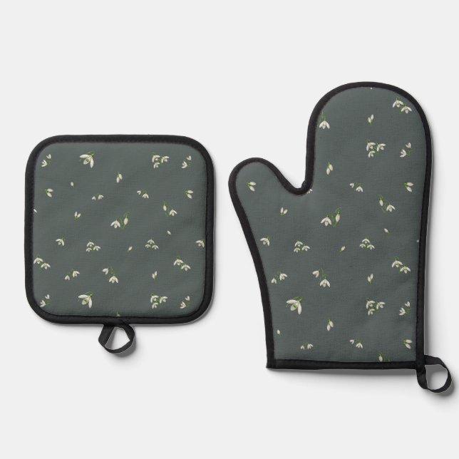 Deep Charcoal Japanese Snowdrop Floral Pattern Oven Mitt & Pot Holder Set (Front)