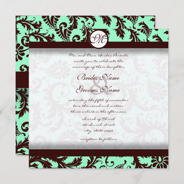 Deep Chocolate Brown Damask Wedding Invitation (Front/Back)