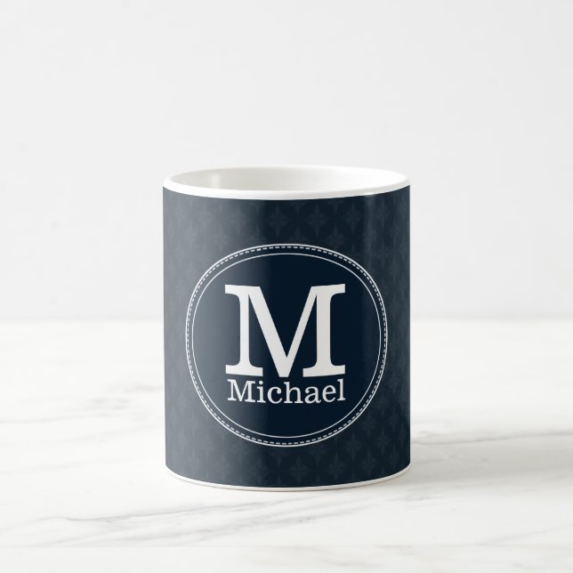 Deep Classic Navy Blue Pattern Custom Monogram Coffee Mug (Center)