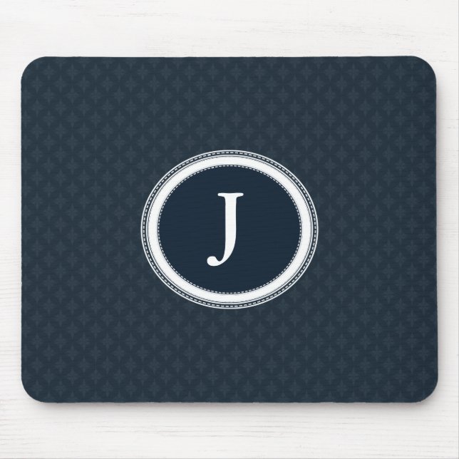 Deep Classic Navy Blue Pattern Custom Monogram Mouse Pad (Front)