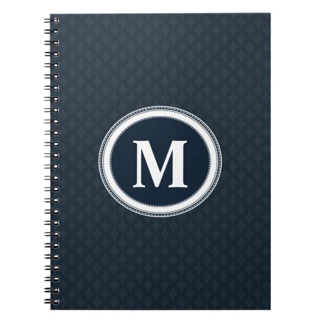 Deep Classic Navy Blue Pattern Custom Monogram Spiral Notebook (Front)