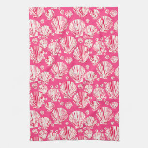 Deep Coral and Pastel Pink Sea Shells Tea Towel