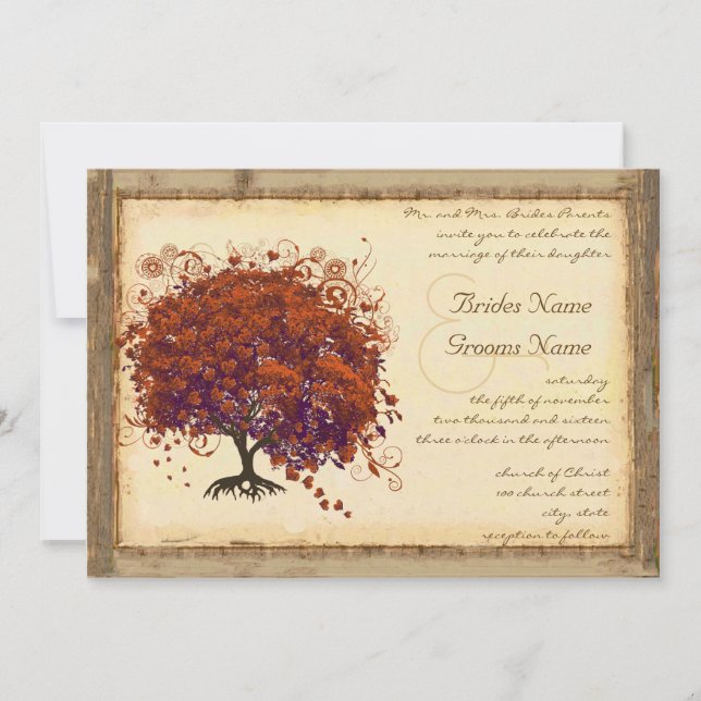 Deep Coral Eggplant Shadows Heart Leaf Tree Invitation (Front)