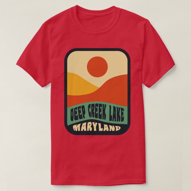 Deep Creek Lake Maryland Retro Sunset Badge T-Shirt (Design Front)