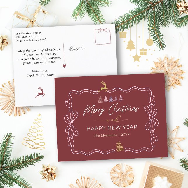 Deep Crimson: Bow & Trees Doodles Holiday Postcard (Deep Crimson: Bow & Trees Doodles Holiday Postcard)