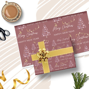 Deep Crimson Doodle Christmas Tree Reindeer Stars Wrapping Paper