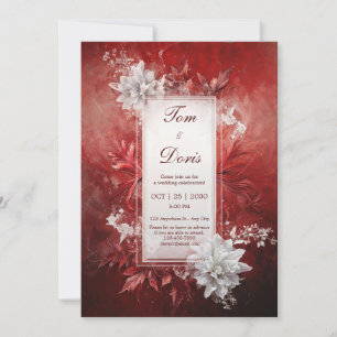 Deep Crimson Red White Floral Winter Wedding Invitation