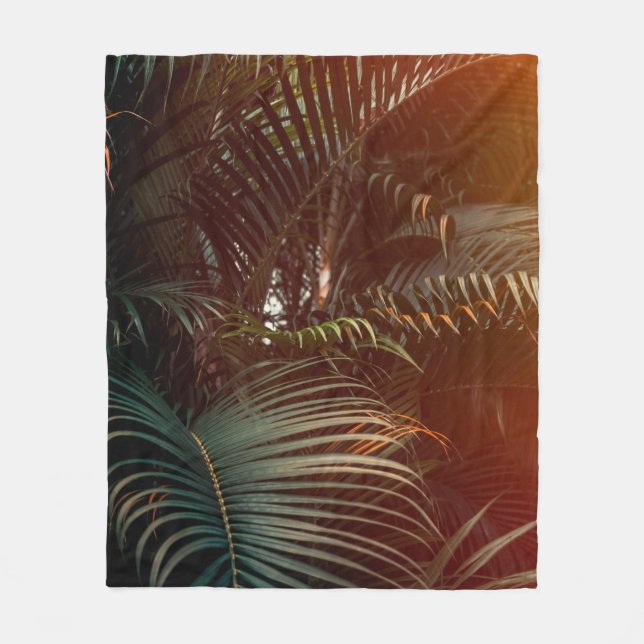 Deep dark green palm leaves pattern with bright or fleece blanket (Front)