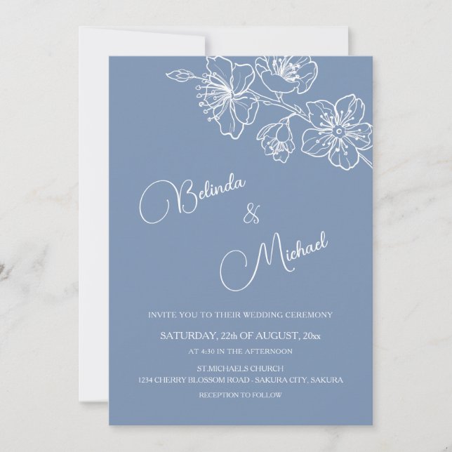 Deep Dusty Blue White Floral Wedding Invitation (Front)