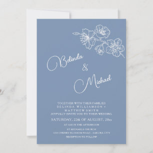 Deep Dusty Blue White Floral Wedding Invitation