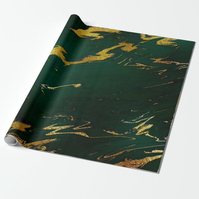 Deep Earth Gold Marble Green Woodland Wrapping Paper (Unrolled)
