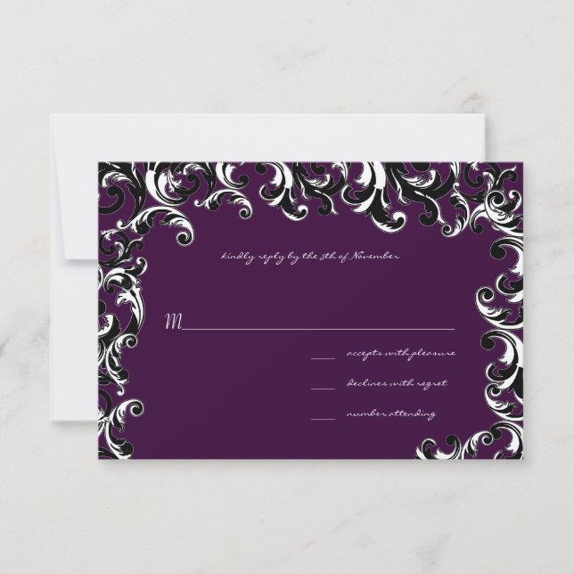 Deep EggPlant Square Swirl Wedding RSVP (Front)