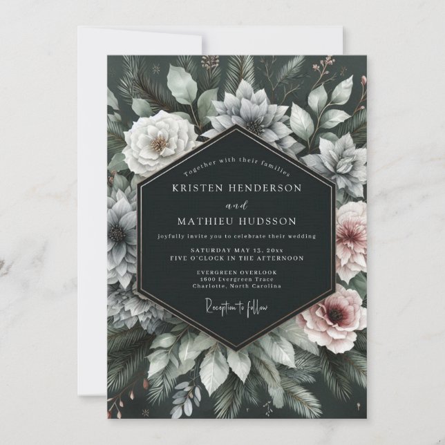 Deep Emerald Moody Floral Wedding Invitation (Front)