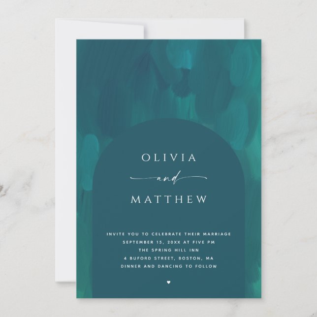 Deep Emerald Teal Wedding | Modern Arch + QR Code Invitation (Front)