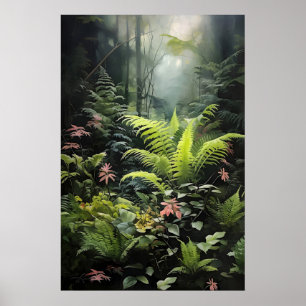 Deep forest fern, woodland moody wall print, dark poster