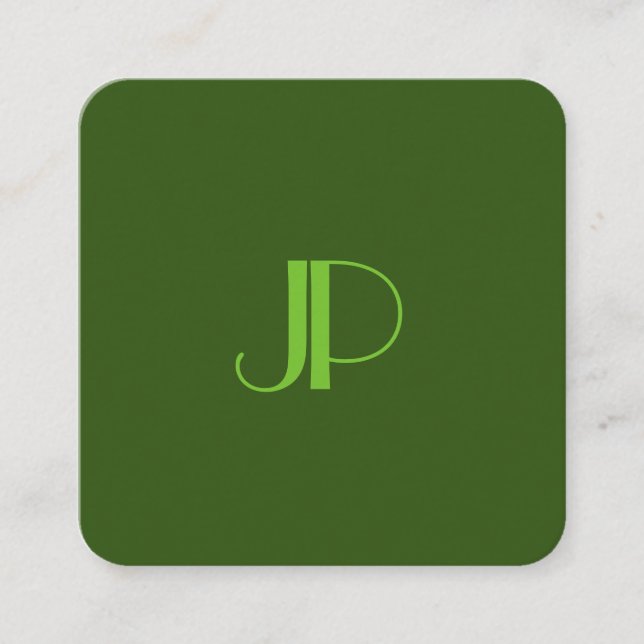 Deep Forest Green Modern Elegant Monogrammed Square Business Card (Front)
