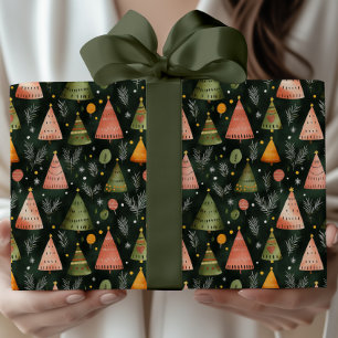 Deep Forest Green Nordic Christmas Tree Pattern Wrapping Paper