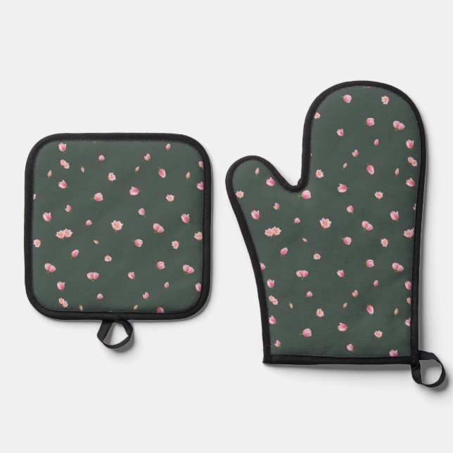 Deep Forest Japanese Pink Tulip Floral Pattern Oven Mitt & Pot Holder Set (Front)