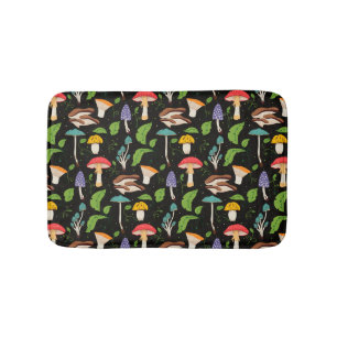 Deep Forest Magic: Colourful Mushrooms on Black Bath Mat