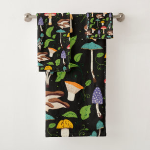 Deep Forest Magic: Colourful Mushrooms on Black Bath Towel Set