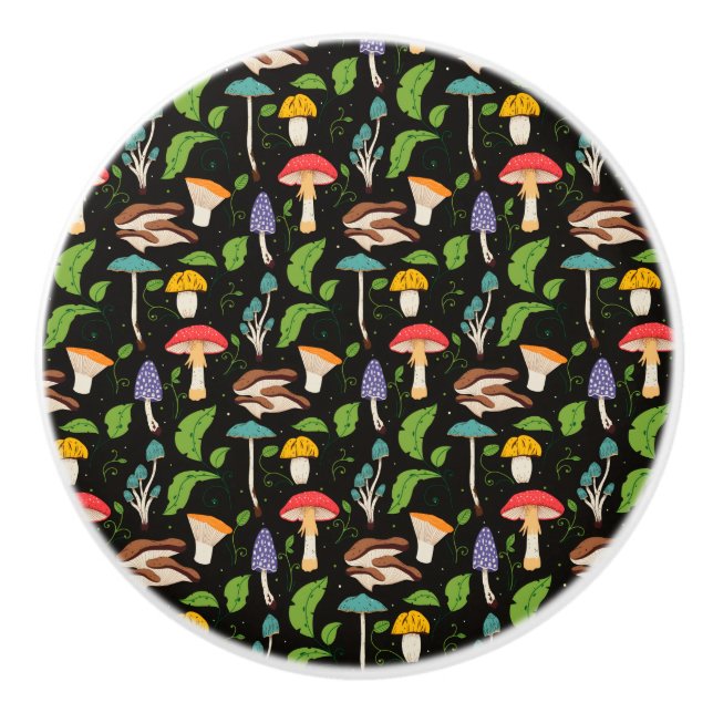 Deep Forest Magic: Colourful Mushrooms on Black Ceramic Knob (Front)