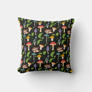 Deep Forest Magic: Colourful Mushrooms on Black Cushion