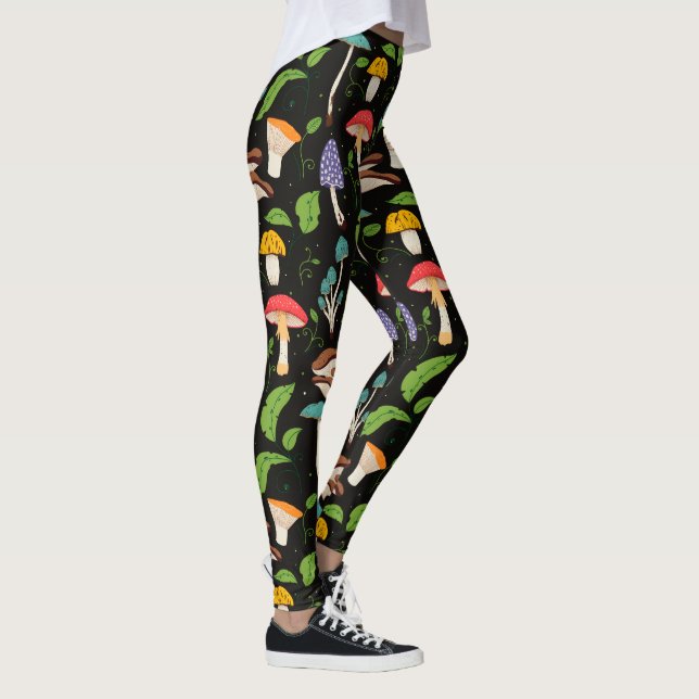 Deep Forest Magic: Colourful Mushrooms on Black Leggings (Right)