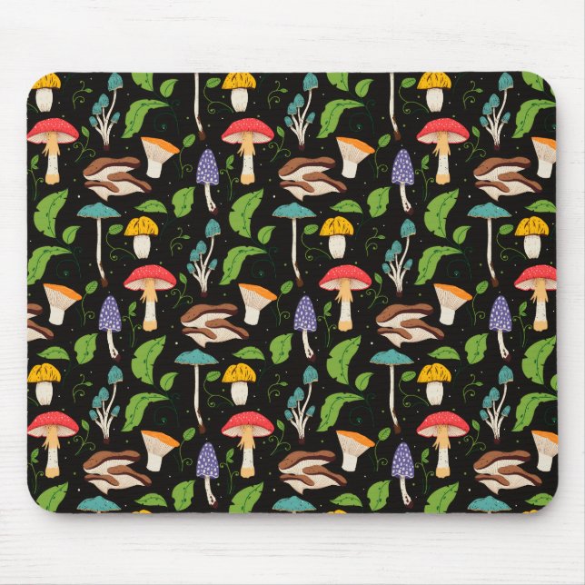 Deep Forest Magic: Colourful Mushrooms on Black Mouse Pad (Front)