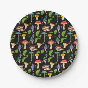 Deep Forest Magic: Colourful Mushrooms on Black Paper Plate