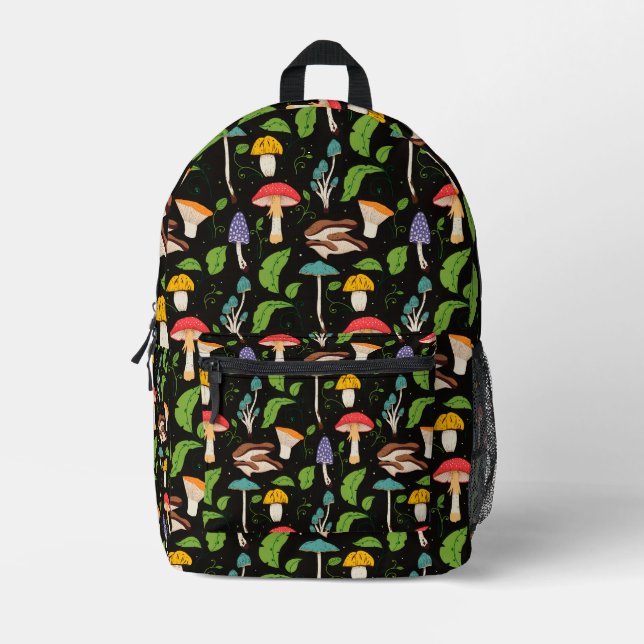 Deep Forest Magic: Colourful Mushrooms on Black Printed Backpack (Front)