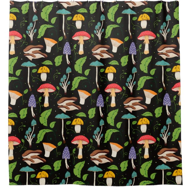 Deep Forest Magic: Colourful Mushrooms on Black Shower Curtain (Front)