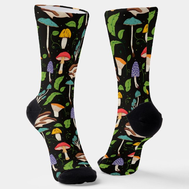Deep Forest Magic: Colourful Mushrooms on Black Socks (Angled)