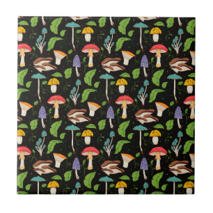 Deep Forest Magic: Colourful Mushrooms on Black Tile