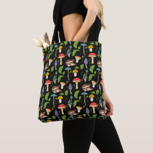 Deep Forest Magic: Colourful Mushrooms on Black Tote Bag