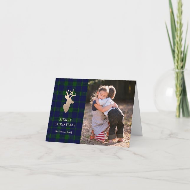 Deep Forest Plaid Golden Deer Christmas Photo Card (Front)