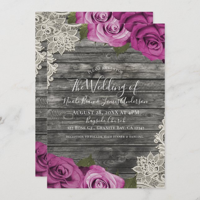 Deep Fuchsia Pink Grey Rustic Wood Lace Wedding Invitation (Front/Back)