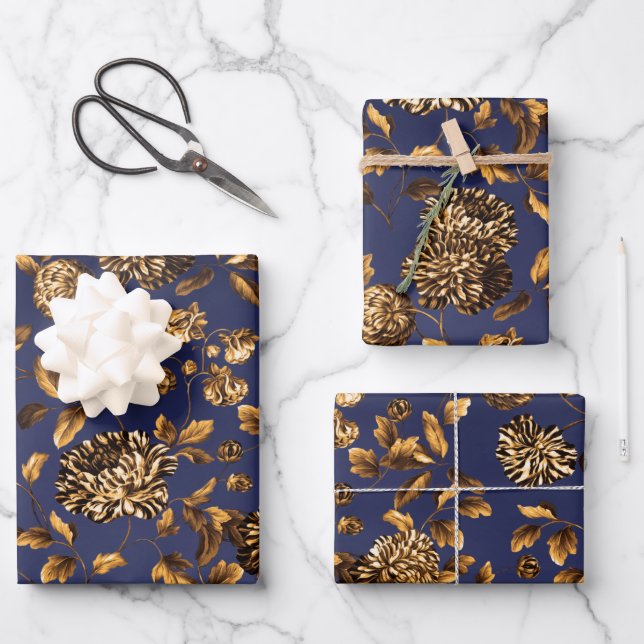 Deep Gold Dahlias Floral Vine On Navy Blue Ombre Wrapping Paper Sheet (Front)