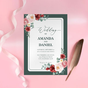 Deep Green and Blush Floral Wedding Invitation
