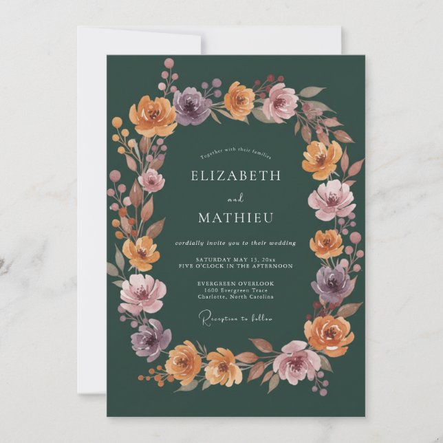 Deep Green Autumnal Floral Wedding Invitation (Front)