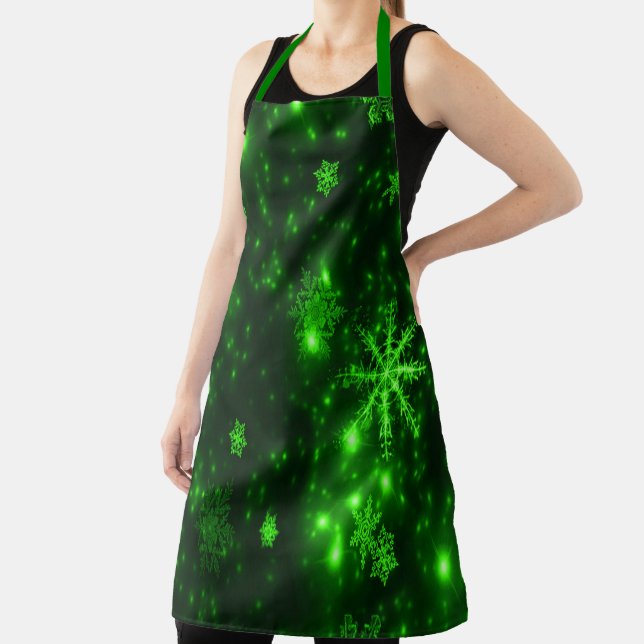 Deep Green Bright Snowflakes Holidays Large Apron (Insitu)