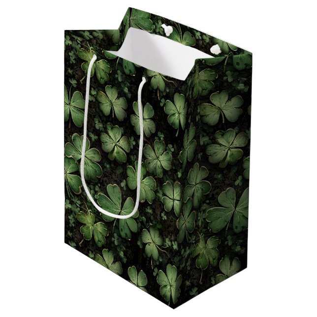Deep Green Clover and Shamrock Pattern Medium Gift Bag (Front Angled)