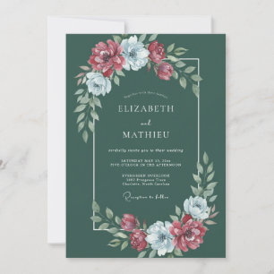 Deep Green Crimson Floral Watercolor Wedding Invitation