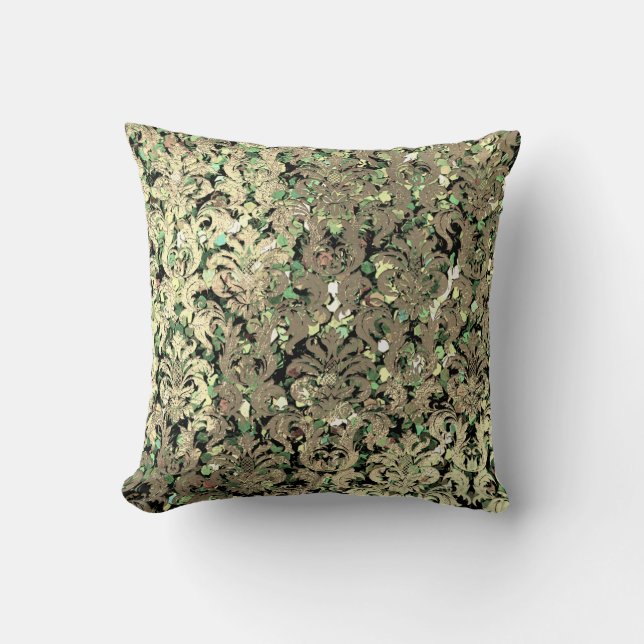 Deep Green Damask Pink Rose Blush Sequin Faux Gold Cushion (Front)