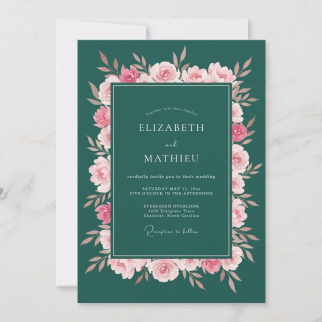 Deep Green Floral Bloom Wedding Invitation (Front)