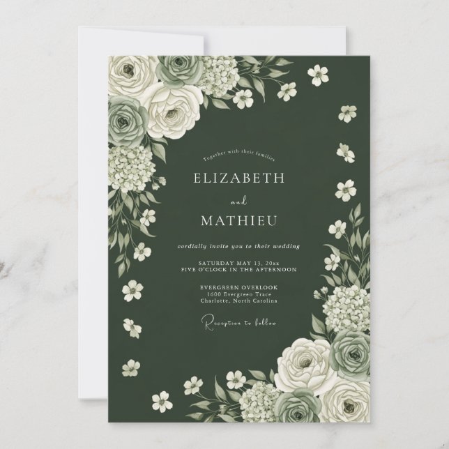 Deep Green Floral Enchantment Wedding Invitation (Front)