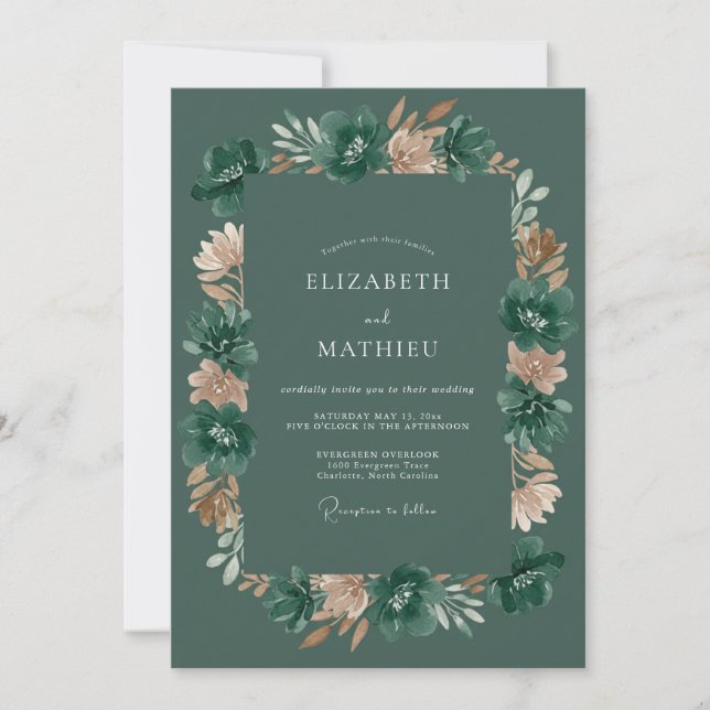 Deep Green Floral Romantic Wedding Invitation (Front)