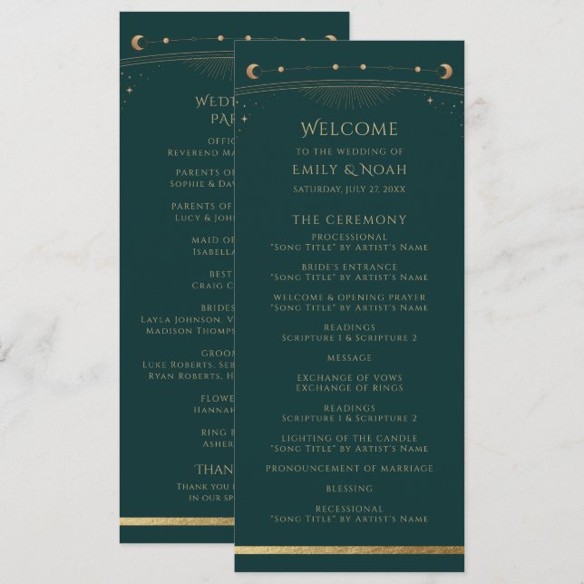 Deep Green Gold Celestial Sun Moon Stars Wedding Programme (Front/Back)